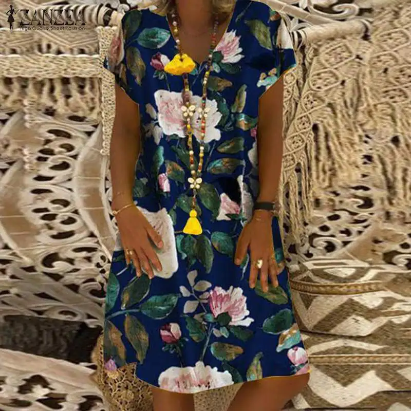 

2019 ZANZEA Autumn Dress Women Vintage Floral Printed Cotton Linen Vestido Robe Kaftan Femme V neck Long Sleeve Party Sundress