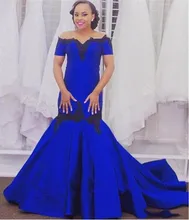 Royal Blue Mermaid Lange Abschlussball-kleider Weg Von der Schulter Backless Appliqued Satin Abendkleid mit Kurzen Ärmeln