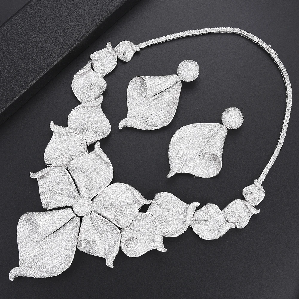 Ki Luxury Cubic Zirconia Silver Necklace Earring Set African Ki Luxury Cubic Zirconia Silver Necklace Earring Set African Nigerian Wedding Jewelry Sets For Women Dubai