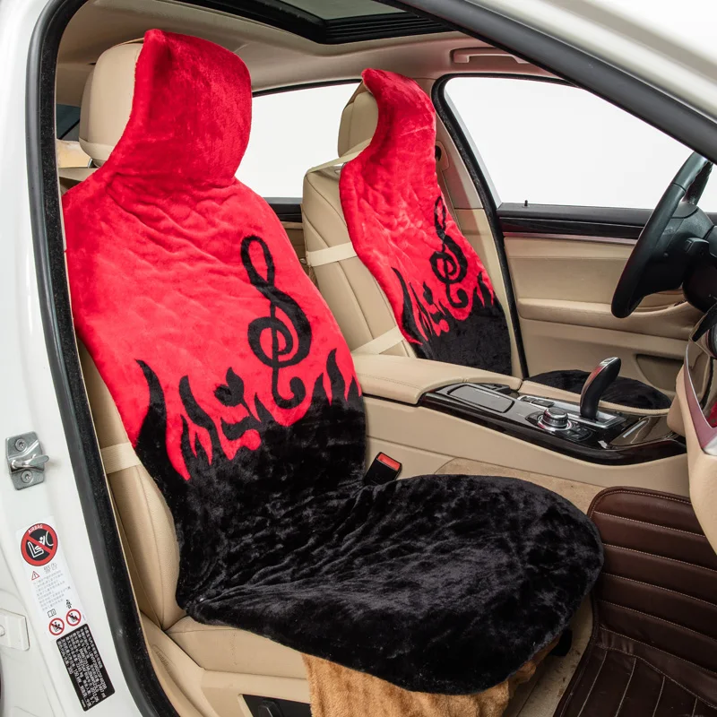 Note Pattern Faux Fur One Front Car Seat Covers Autumn Winter Interior Accessories Keep Warm Red Yellow Plush Pad Cover Wholesale