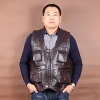 New Arrival Genuine Leather Vest Mens Sleeveless Jackets Pockets Vests Waistcoat Autumn Winter Dark Brown L-6XL