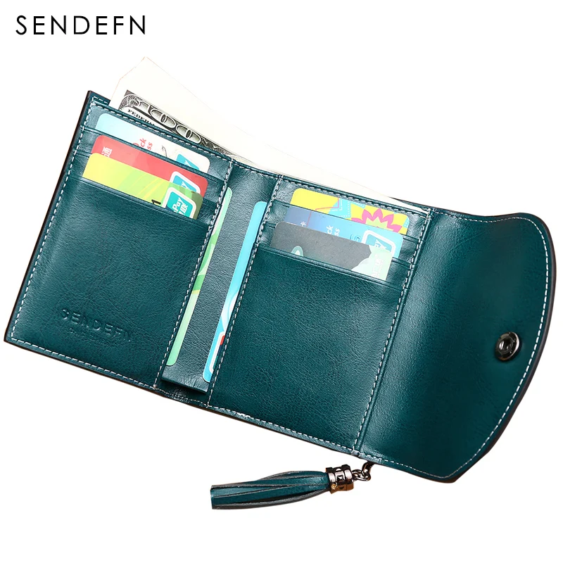 

SENDEFN Vintage Short Leather Wallet Women New Mini Tassel Ladies Wallet Famale Small 3 Folding Quality Coin Purse ZD5200-6