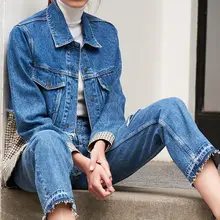 Осень и зима новое поло воротник с длинным рукавом Женские Модные личные джинсовые и клетчатые сплайсированные повседневные пальто вымытое джинсовое пальто