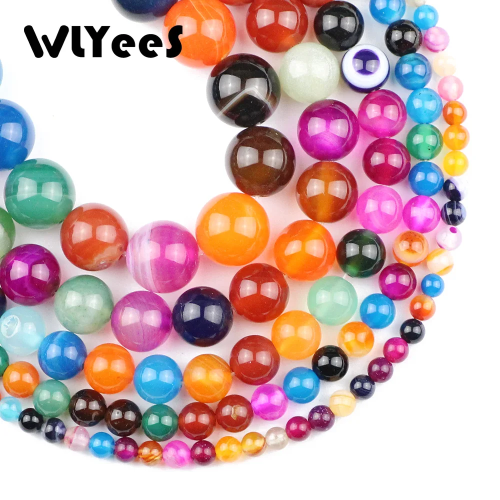 

WLYeeS Mixed color Stripe banded carnelian Natural Stone Round Beads 4 6 8 10 12mm Ball Jewelry Bracelet Necklace Making DIY 15"