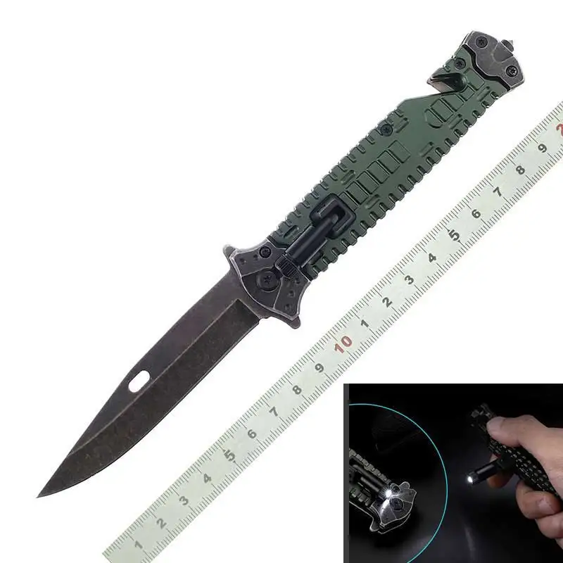 Outdoor tool folding knife 59HRC with LED light tactical knife portable multi function survival