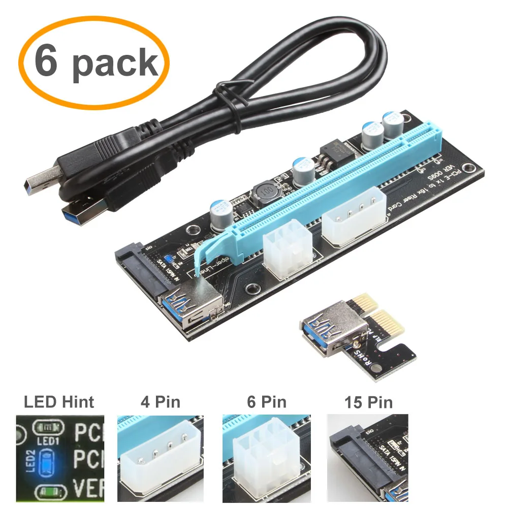 Ubit Multi-Interface PCI-E Riser with Led Notice Function Express Cable 1X to 16X Graphics Extension Ethereum ETH Mining Powered Riser Adapter Card+60cm USB 3.0 Cable 8 Pack 