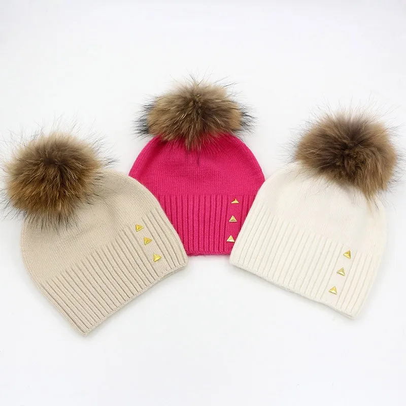 GZHilovingL, зимние женские шапки бини, Натуральная шерсть, мех енота, шапки с помпоном, одноцветные, мягкие, теплые, зимние шапки для девочек
