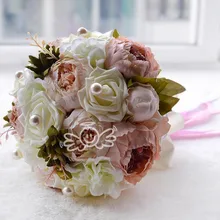 Винтаж 3 цвета розового и фиолетового цветов Кофе Цвет Кристалл Перл Роуз Свадебные букеты цветов Свадебные букеты с шелковой лентой и кружева