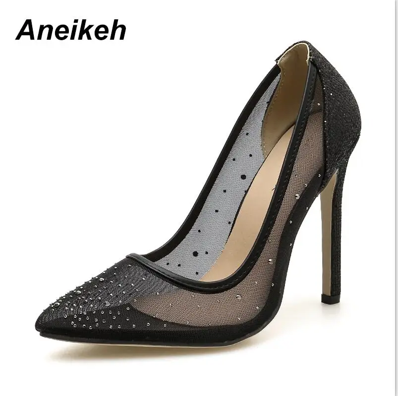 Aneikeh/пикантные женские туфли с сеткой; Новинка; модные туфли-лодочки на очень высоком тонком каблуке с острым носком без застежки; Хрустальный Bling; свадебные туфли - Цвет: Black