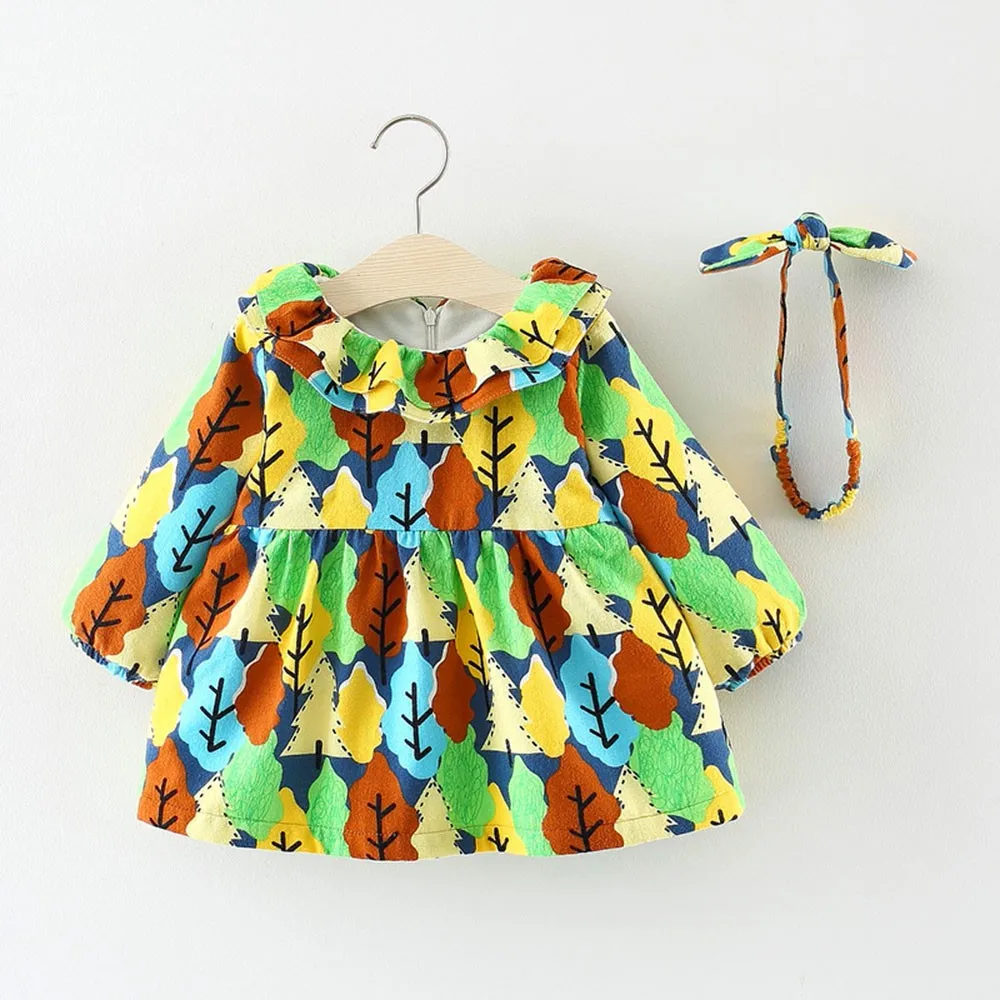 HOt New Toddler Baby Girl Long Sleeves Small Tree Print Lace Princess Dress+Headband Set children Baby clothes princess