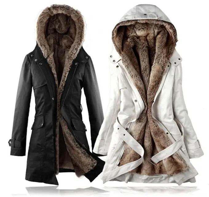 Fashion Women Winter Warm Detachable Faux Fur Lining Long Coat, Two way