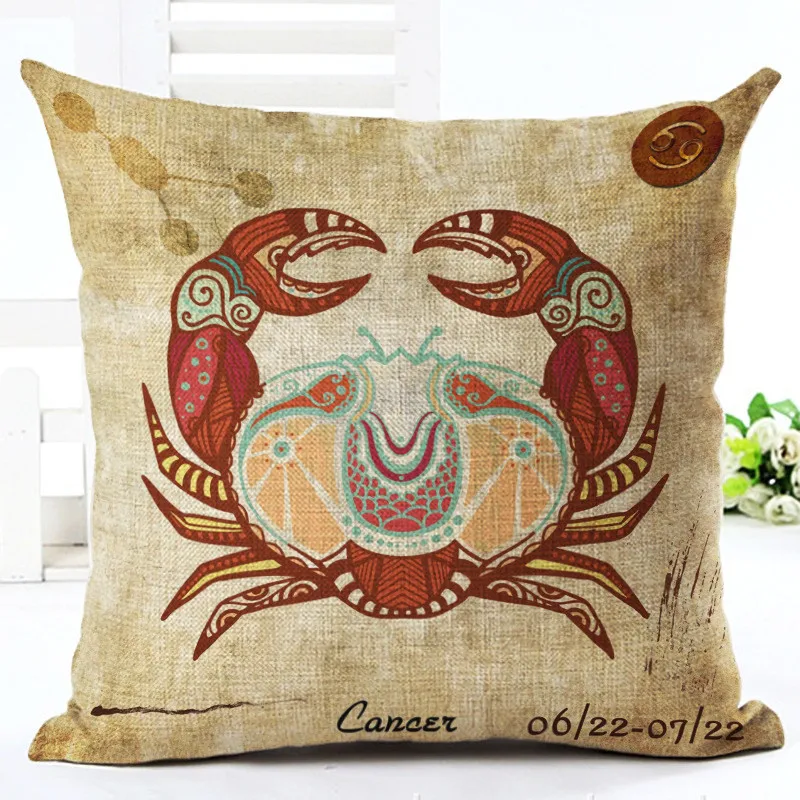 Cushion Cover Zodiac sign Printed Back Decorative Square Linen Pillow