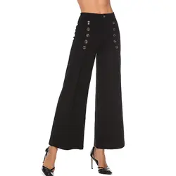 Высокая талия широкие брюки элегантные офисные женские пуговицы длинные брюки 2019 женские простые рабочие брюки
