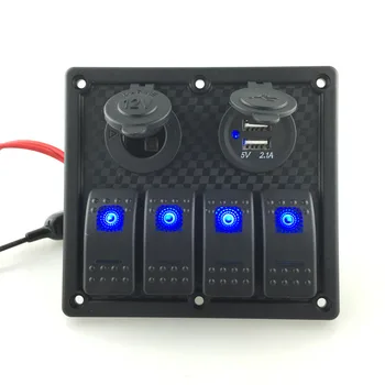 

switch panel 12V power Socket +Double USB Power Charger Adapter 4 gang blue aluminum rocker switch Panel for RV Boat