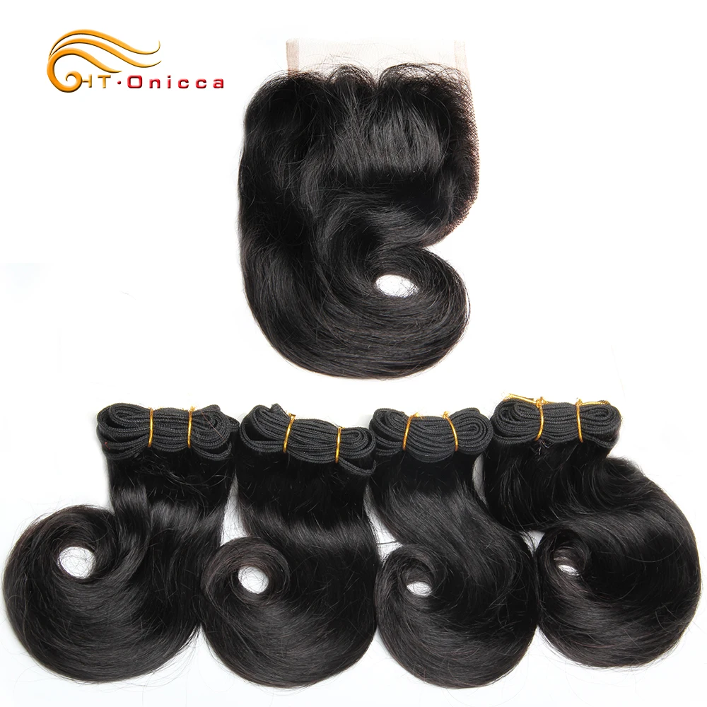 

45g/piece Funmi Hair Double Drawn Human Hair Extensions Curly Bundles With Closure Brazilian Hair Weave Bundles With Closure