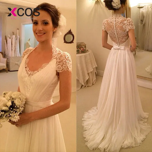 Xcos Vintage Tulle Beach Wedding Dress 2018 White Cap Sleeves V