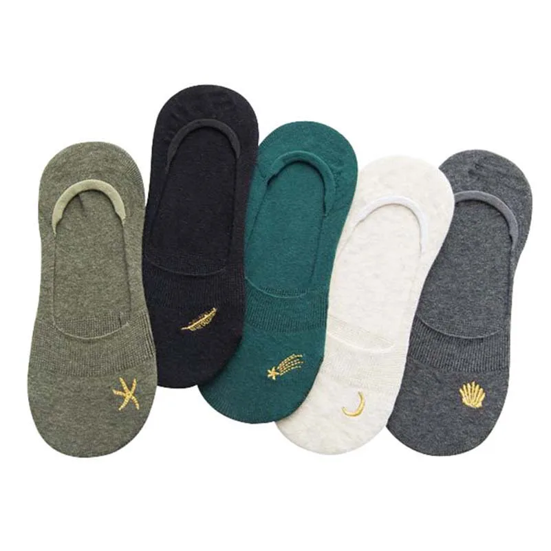 5 Pairs Women's Invisible Socks Non slip Golden Embroidery Hidden Lady Art Socks Cotton Boat
