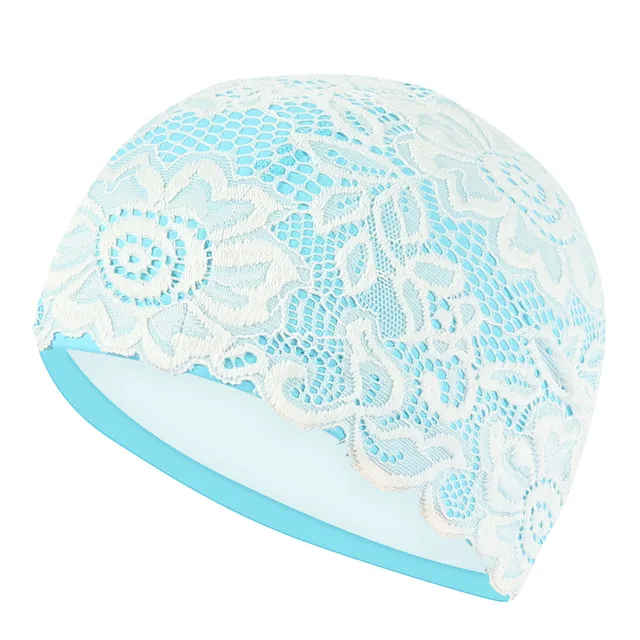 Women Swimming Cap Bathing Swiming Hat Lace Flower Waterproof PU Coating Fabric Swim Pool Caps Protect Long Hair Ears for Women sky blue