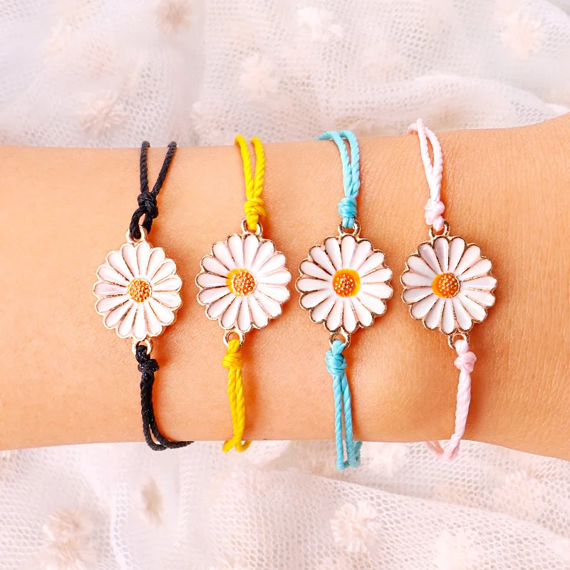 

Women Girl Fashion Summer Jewelry Gift Cute Daisy Flower Statement Bracelets & Bangles Enamel Chrysanthemum Rope Chain Bracelet