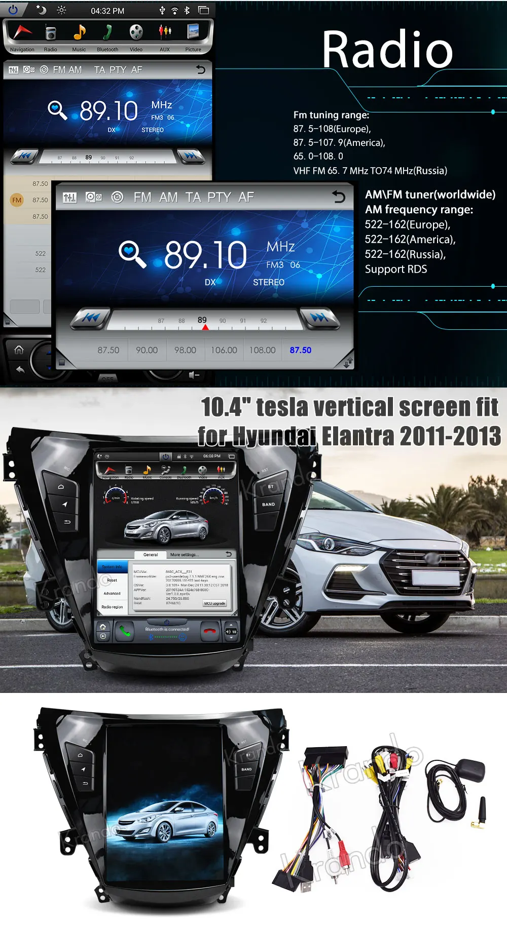 Top Krando Android 8.1 10.4" Tesla Vertical car dvd audio player For Hyundai Elantra 2011-2013 gps navigation multimedia play store 9