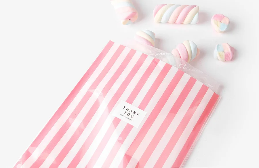 100 pcs Color Plastic Striped Cookie Candy Gift Bags Not Adhesive Seal Package Bag Cellophane Birthday