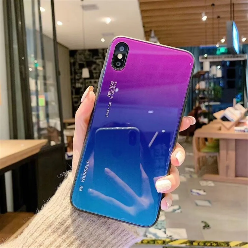 HUANQING Fashion Gradient Glass Tempered Glass Phone Case For iphone XR XS MAX X 8 7 6 6S Plus  Colorful Mobile Phone Cover Luxury Shell10