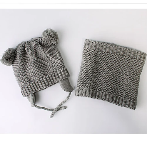 Winter pompom baby hat for kids girl boy hats knitted beanie skullies boy bomber caps with fleece lining newborn photograp HT044 - Цвет: grey set