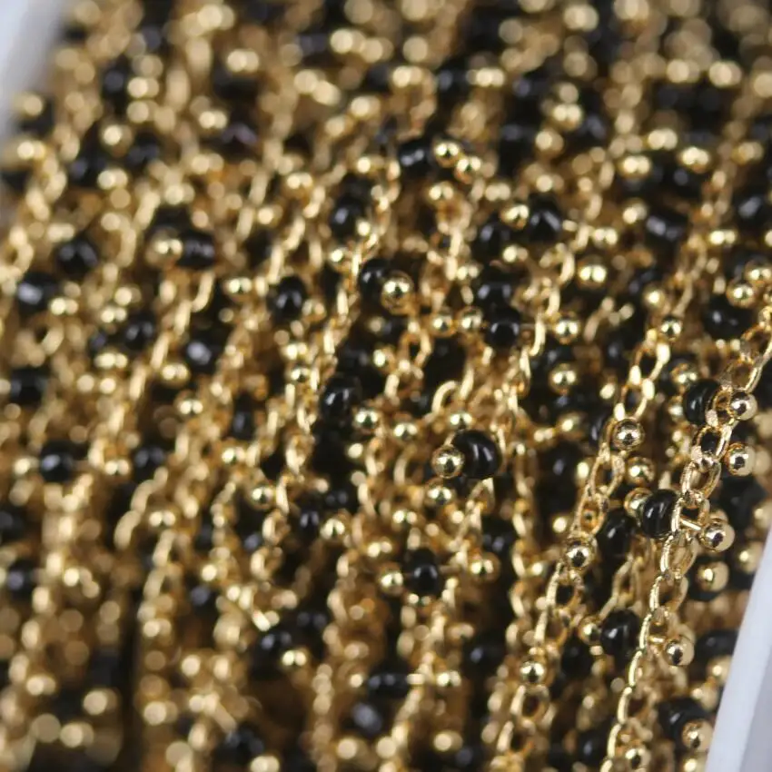 5 м/лот, черный стеклянные Рондель розарийная цепь, позолоченный Золотой латунной проволоки обернутые крошечная трубка круглые бусины Для женщин цепочки для свитера ювелирные изделия