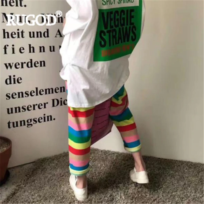 RUGOD женские брюки радужные повседневные 2019 новые pantalones mujer полосатый шнурок яркие