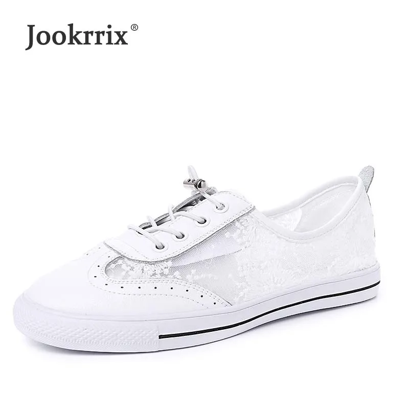 

Jookrrix Summer Girl Fashion Real Leather Lady Casual White Shoes Embroidered Women Mesh Sneaker Leisure Flats Shoe Breathable