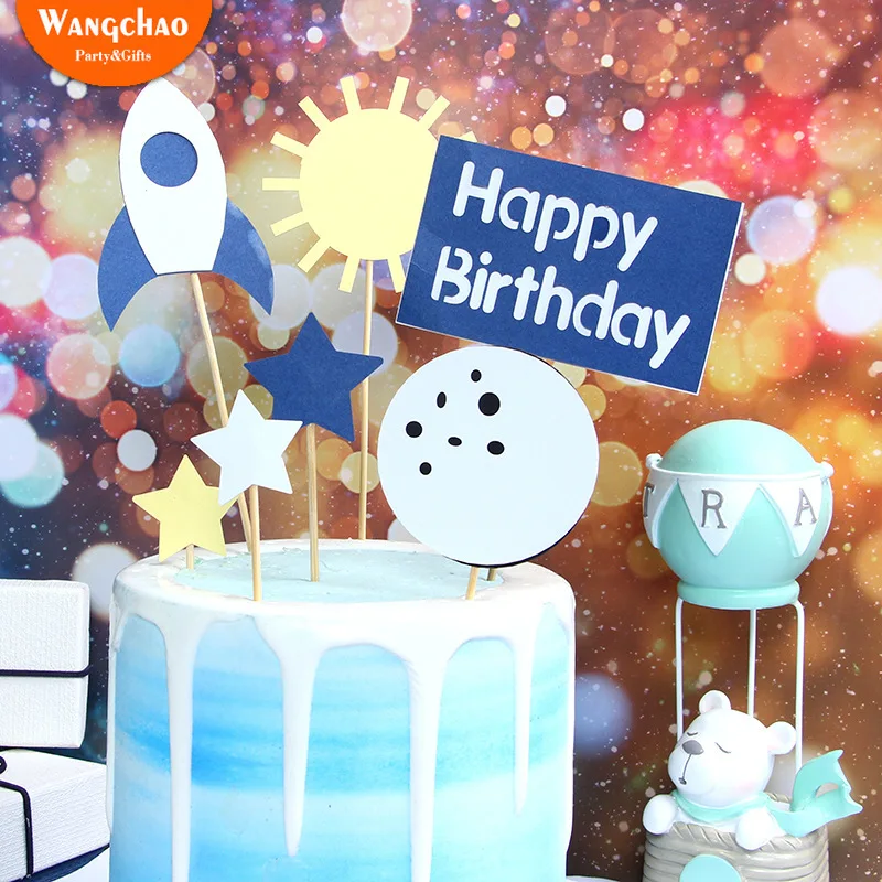 

New Arrivals Star Rocket Space Planet Cosmic Theme Cake Topper Child Happy Birthday Cake Decoration Cartoon Party Supplies