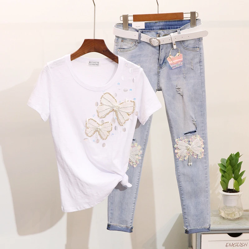 women's denim pant set