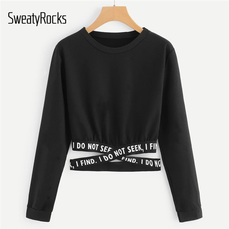 Свитер SweatyRocks с заклепками, фирменная уличная одежда, повседневные пуловеры с буквенным принтом, топы, весна, женские черные толстовки