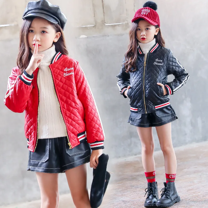

Girls PU Loose Coat 2018 Winter New Pattern Child Leisure Jacket Children Fashionable Leather Clothing