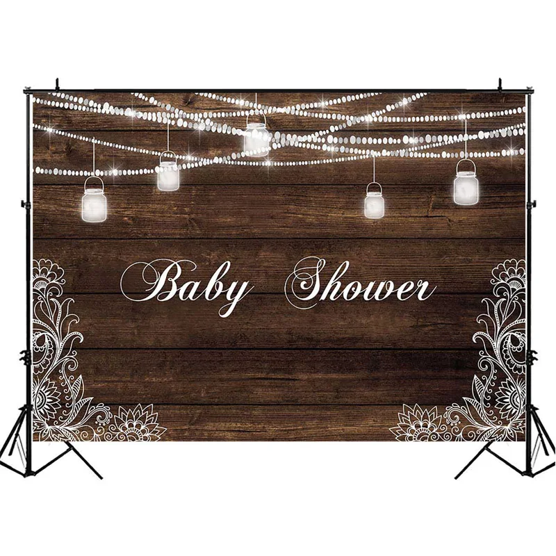 

NeoBack Rustic Wood Baby Shower Backdrop String lamp lace Baby Shower Photography Backdrops Dessert Table Decor Props Background