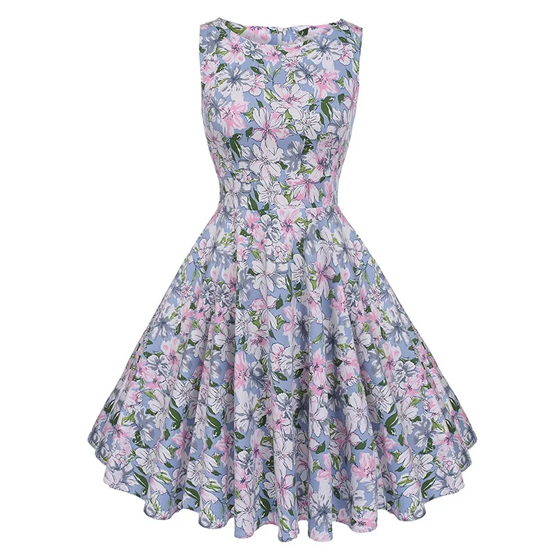 Kostlish Cotton Summer Dress Women 2017 Sleeveless Tunic 50s Vintage Dress Belt Elegant Print Rockabilly Party Dresses Sundress (48)