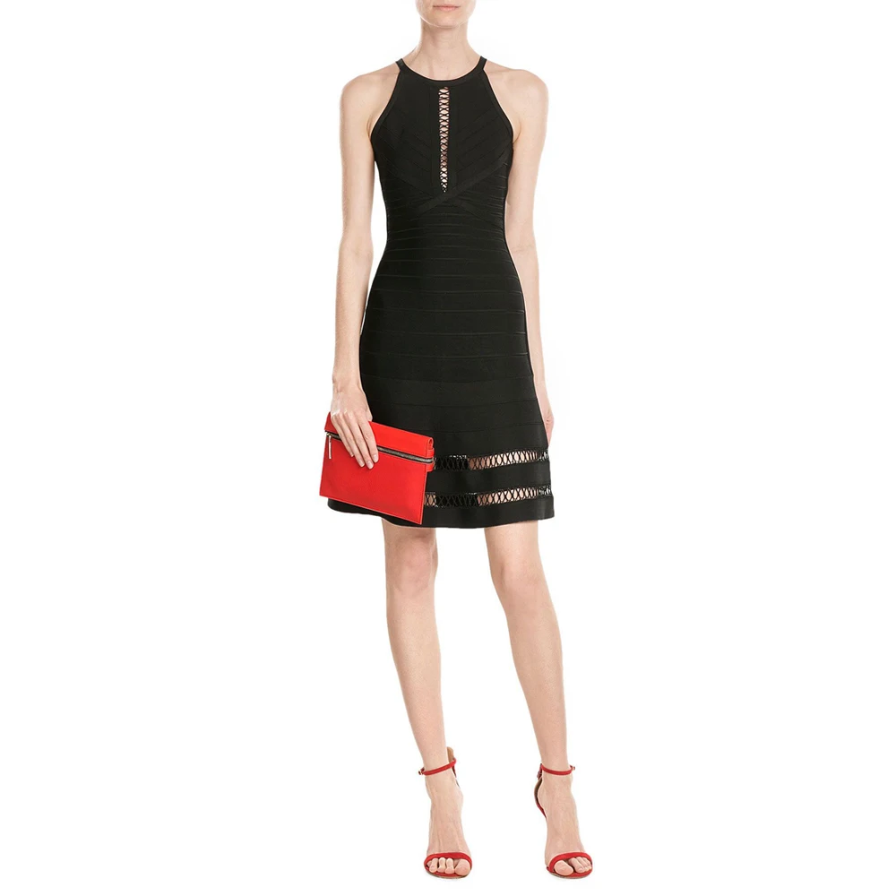 

2019 European and American spring and summer new black hanging neck mesh lace mini dress sexy fashion time elegant Dress + suit