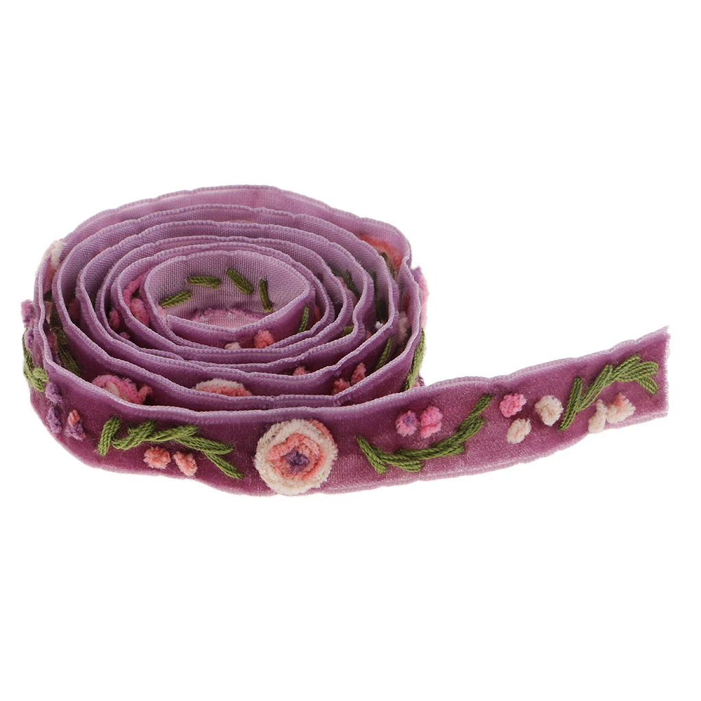 1 Yard Elegant Flower Embroidered Velvet Ribbon Lace Trim Purple for Sewing Decoration DIY Craft Handmade Accessories 15mm Wide