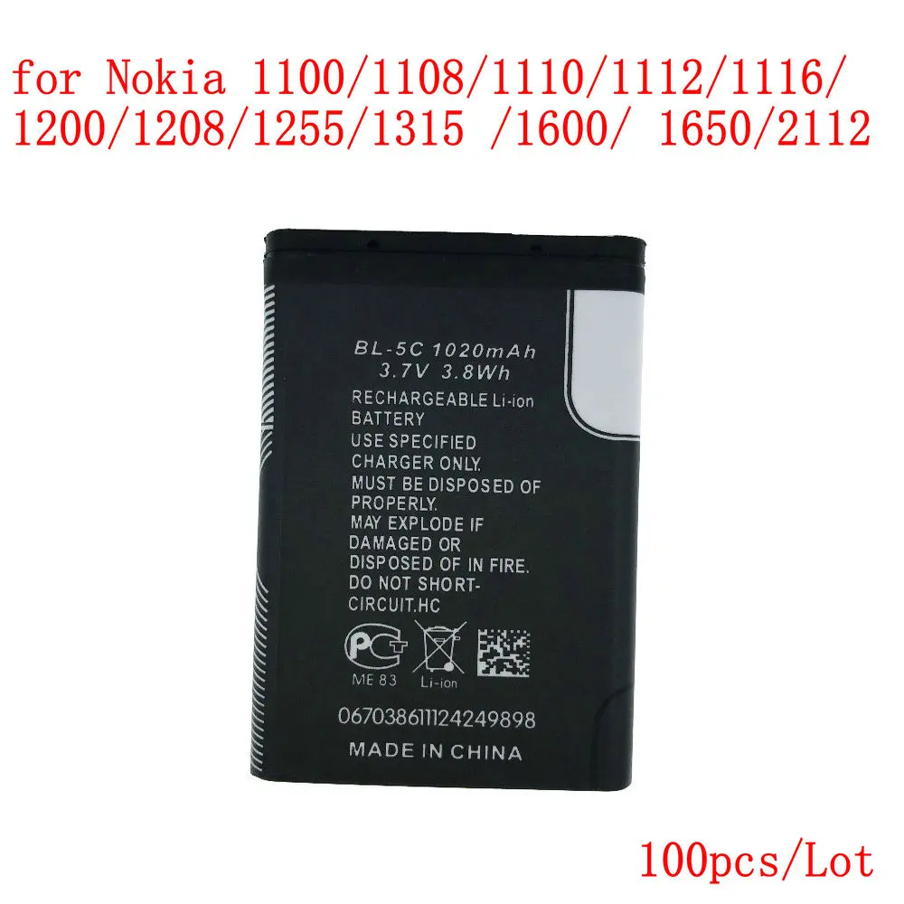 100 шт./лот высококачественная фотобатарея 1020 мач для Nokia 1100/1108/1110/1112/1116/1200/1208/1255/1315
