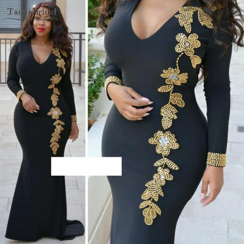 

Black Long Sleeve Prom Dresses Gold Beaded V-Neck Kaftan Evening Gowns Black Girls Night Wear DE020