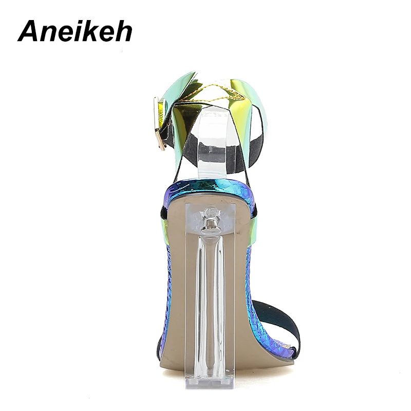 Aneikeh/ г.; модные босоножки из искусственной кожи; женские прозрачные туфли на высоком квадратном каблуке с круглым носком; мелкий ремень с пряжкой; цвет синий; вечерние туфли с открытым носком; размер 42