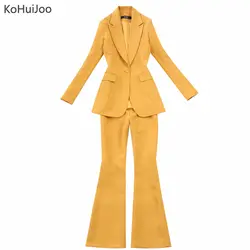 KoHuiJoo дамы брюки для девочек костюм Твердые формальные офисные Блейзер Куртка + мотобрюки комплект 2 шт. Feminino синий серый