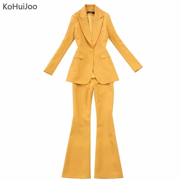 

KoHuiJoo Ladies Pants Suit Solid Formal Office Work Blazer Jacket+ Trousers Set 2 Piece Suit Feminino Blue Gray