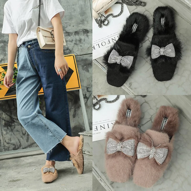 

rabbit fur crystal bow mules shoes women square toe slippers winter outsides flock fashion slides woman flip flops bow slip on