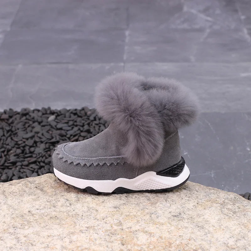 Новое поступление зимняя детская обувь ботиночки из натуральной кожи для мальчиков и девочек кроличий мех детская обувь CSH519 - Цвет: Серый
