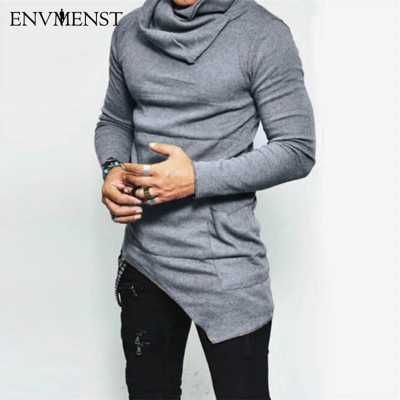 Env Мужская st топ модный бренд черепаха шеи уличная Футболка мужская хип хоп с длинными рукавами Асимметричные Дизайнерские мужские футболки US Размер 5XL - Цвет: gray