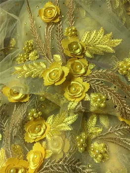 

Yellow High quality 5 yards/lot Nigerian Tulle net Lace with pearls and 3D flowers H-1951 French net Lace Fabric