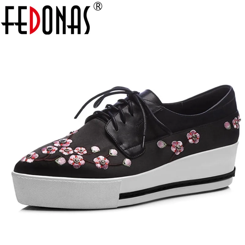 

FEDONAS Women Platforms Flats Genuine Leather+Cloth Shoes Lace Up Brand Retro Embroider Female Spring Autumn Casual Shoes Woman
