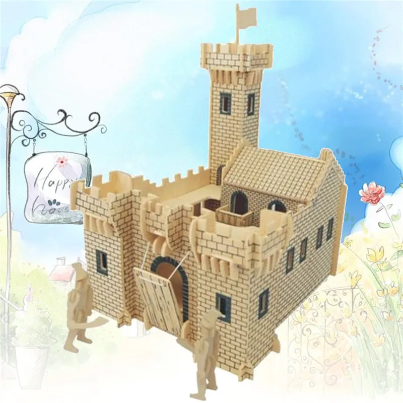 

97Pcs/Set Blocks DIY Dolls House Miniatures Kit Wooden 3D Castle Model Children Kids Soldiers Castle Building Toy 21x17x26cm