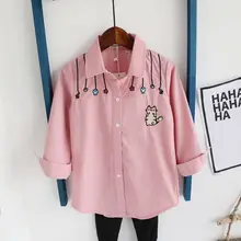 Новые рубашки с вышивкой в виде кота для девочек блузки с длинными рукавами для малышей детская осенне-Весенняя блузка с отложным воротником